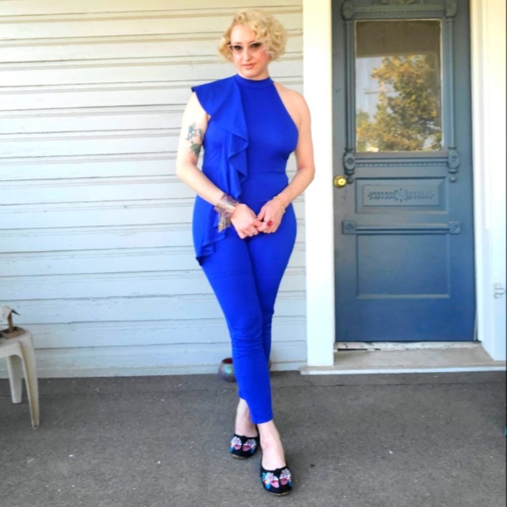 EUC Royal Blue Asymmetrical Ruffled Bodysuit Bodycon Sz L